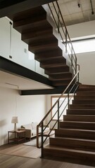 Obraz premium Modern Wooden Staircase with Glass Railing in a Contemporary Home