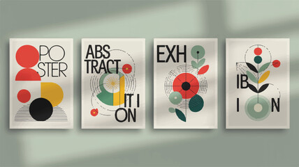 Four horizontal abstract art posters with geometric shapes and text illustration