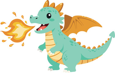 Cute cartoon baby dragon breathing fire vector illustration with orange wings and teal body 