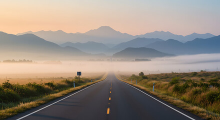 Naklejka premium Long Road into Misty Mountains at Dawn , A Journey Begins.