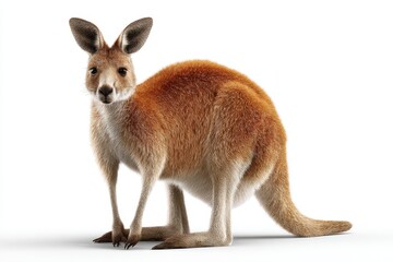 Kangaroo standing on white background casting a soft shadow, showcasing its natural coloring and posture in a studio setting