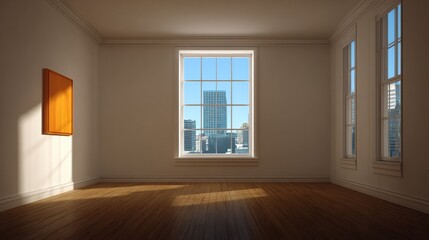 Obraz premium A bright, empty room featuring a large window with a city view and wooden flooring, creating a minimalist aesthetic.