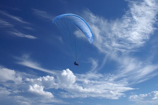 Blue paraplaner gliding effortlessly across a clear blue sky with fluffy white clouds during a sunny day in an outdoor adventure setting