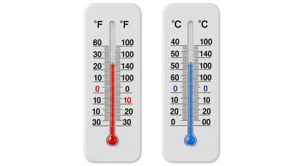 Two white plastic thermometers showing hot and cold temperatures in Fahrenheit and Celsius.