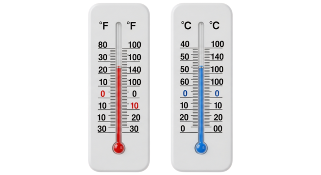 Two white plastic thermometers showing hot and cold temperatures in Fahrenheit and Celsius.