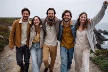 Five millennial friends enjoy a memorable road trip along a stunning coastal route with laughter and joy in the late afternoon
