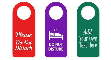 Naklejka premium Vibrant set of red purple and green Do Not Disturb door hangers including a sleeping icon and a customizable text template.