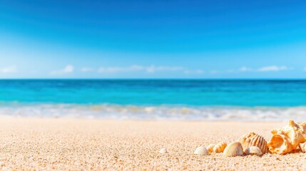 Obraz premium A serene beach scene with soft sand, scattered seashells, and clear blue waters under a bright sky, perfect for relaxation and escape.