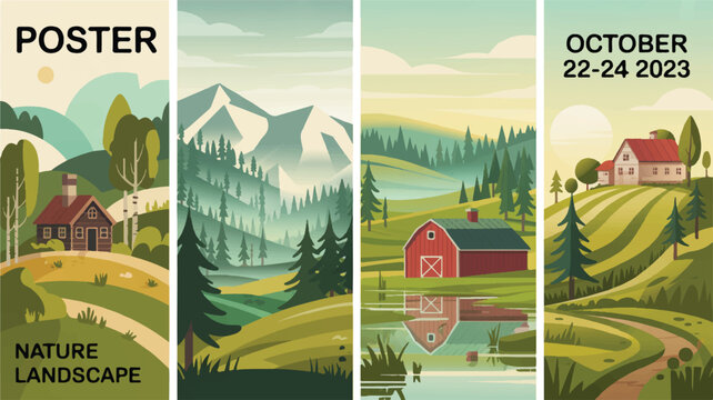 Four horizontal landscape illustrations with text and dates nature poster