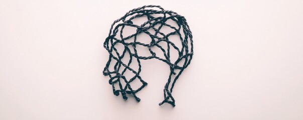 A creative wire sculpture depicting a human head, intricately designed to represent thoughts or emotions through its abstract form.