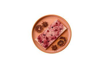 Bar sweet craft artisan chocolate with dried fruits made at home. Craft chocolate