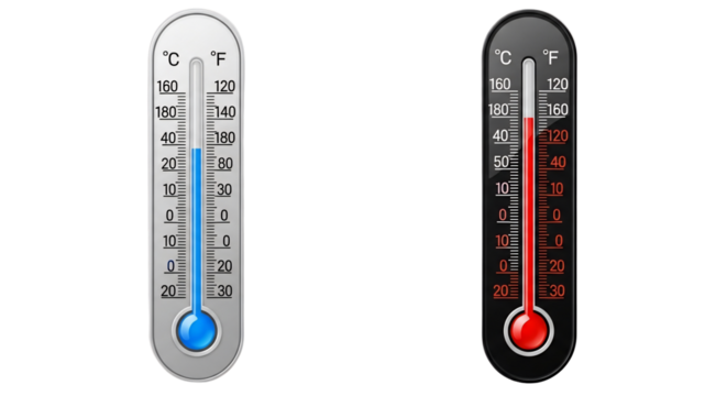 A pair of black and white thermometers with Celsius and Fahrenheit scales showing hot and cold temperatures.