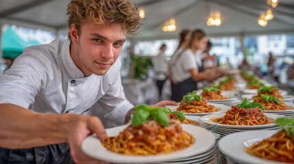Young male chef presenting a plate of spaghetti with fresh basil, surrounded by neatly arranged dishes in a festive outdoor dining setting, showcasing culinary artistry and passion