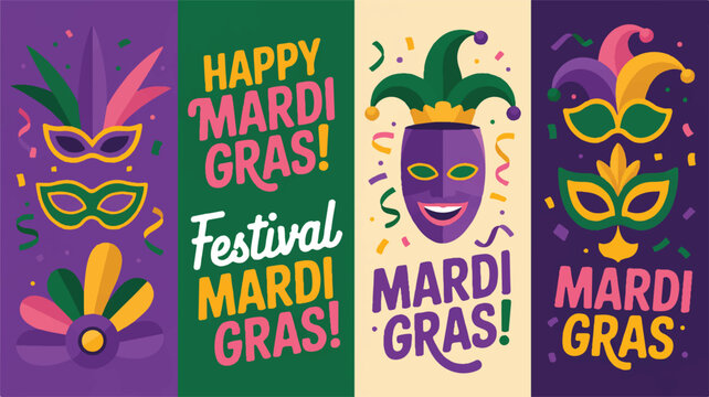 Four Mardi Gras themed graphic panels with masks and text festival celebration 1