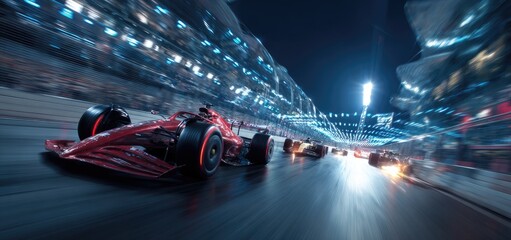 Obraz premium Red Formula 1 race car leads pack at night, blurred motion showing speed and bright track lights