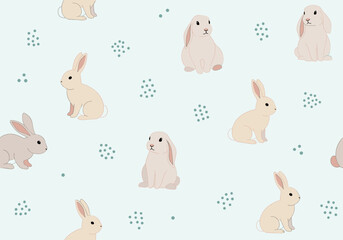 Charming pattern featuring adorable lop eared bunnies and small green dots