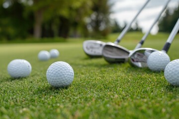 Golf clubs and balls on a green