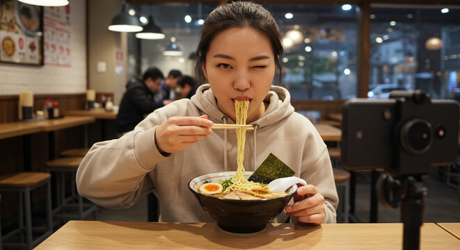 A young Asian woman recording a food vlog in a ramen shop
