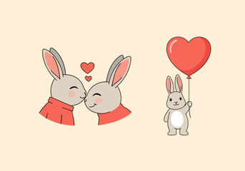 Fototapeta premium Cute bunny couple sharing sweet kisses holding a heart balloon