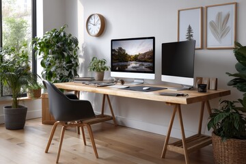 Creative office desk featuring blank screens and stylish decor in a modern workspace surrounded by plants and natural light