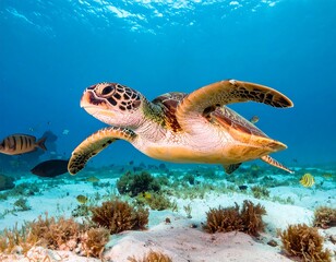 Obraz premium A magnificent sea turtle glides gracefully through the crystal-clear turquoise waters of the ocean, swimming above a sandy seafloor with small fish.