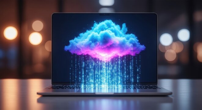 Vibrant digital cloud formation emanating streams of data from a modern laptop screen