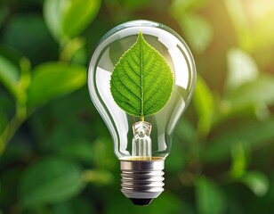 A single green leaf floats inside a clear lightbulb against a blurred green background
