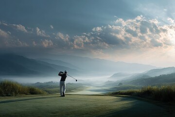 Spectacular sunset captures golfer in action on a serene course with breathtaking mountains as backdrop and dramatic cloud formations creating an enchanting atmosphere