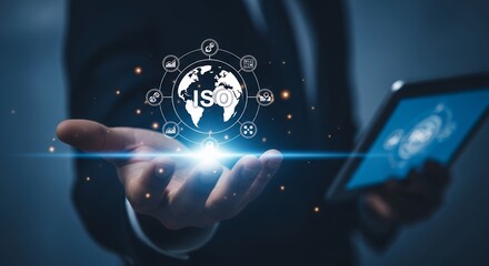 ISO Certification Global Standards Quality Management System Digital Transformation Business Technology Hand Holding Tablet Concept Stock Photo