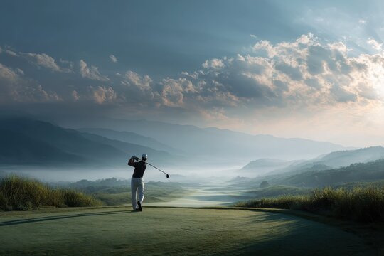 Spectacular sunset captures golfer in action on a serene course with breathtaking mountains as backdrop and dramatic cloud formations creating an enchanting atmosphere
