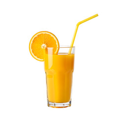 Tall glass of fresh orange juice with a slice of orange and straw isolated on transparent background