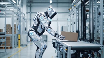 Advanced humanoid robot with artificial intelligence working in a futuristic warehouse sorting packages on a conveyor. - Powered by Adobe