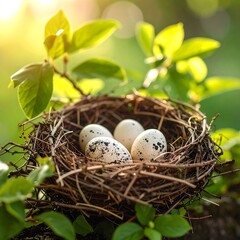 Obraz premium Bird's nest nestled in greenery, containing speckled eggs, bathed in sunlight