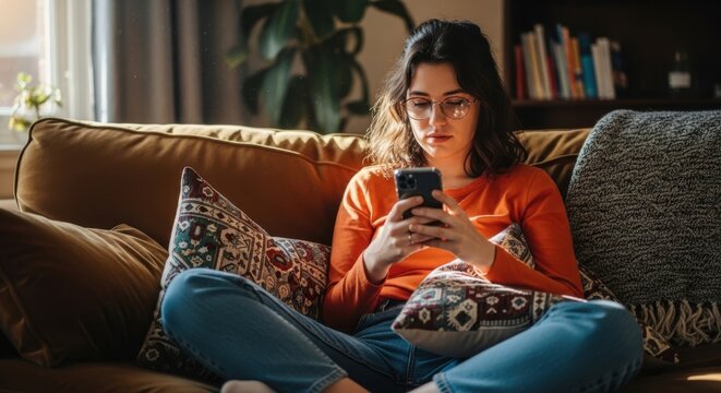 Young woman relaxing on a cozy sofa while engrossed in her smartphone screen enjoying a quiet moment