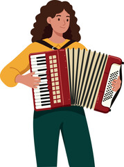 Woman Playing Red Accordion Musical Instrument with Yellow Sweater Vector Illustration 