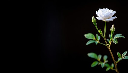 Single white rosebud and stem against black background
