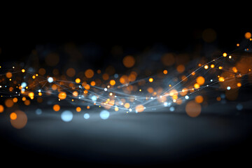 Flowing Digital Network of Luminous Orange and Blue Nodes with Bokeh Lights.