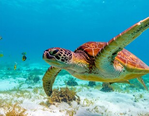 Obraz premium A magnificent sea turtle glides gracefully through the crystal-clear turquoise waters of the ocean, swimming above a sandy seafloor with small fish.