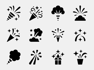 Celebration and Fireworks Icon Set – Black Vector Confetti Silhouettes


