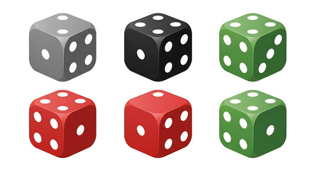 A collection of six colorful isometric gaming dice with rounded corners and white pips.