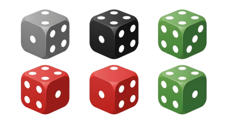 A collection of six colorful isometric gaming dice with rounded corners and white pips.