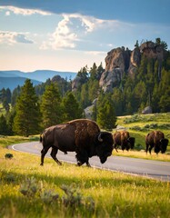 Bison grazing near a winding road with a rocky mountain backdrop in a grassy field
