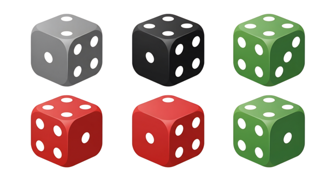 A collection of six colorful isometric gaming dice with rounded corners and white pips.