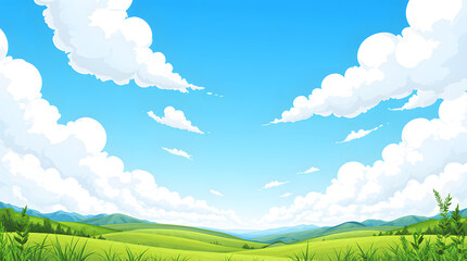 Fototapeta premium Vibrant Sky over Green Meadow: A captivating view of a green meadow under a beautiful blue sky, adorned with fluffy white clouds. This idyllic scene embodies tranquility.