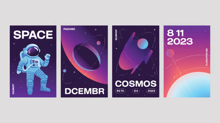 Four space themed graphic posters with astronaut rocket and planets cosmos