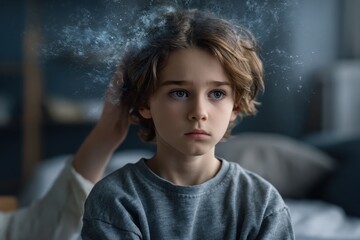 Focus shifts as a young boy struggles with symptoms of ADHD while seated in a cozy indoor space during a quiet afternoon
