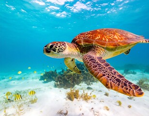 Fototapeta premium A magnificent sea turtle glides gracefully through the crystal-clear turquoise waters of the ocean, swimming above a sandy seafloor with small fish.