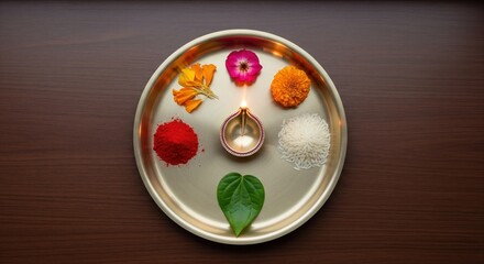 top-down view of a traditional Indian puja thali with decorative items like flowers, roli, chawal, and a lit diya