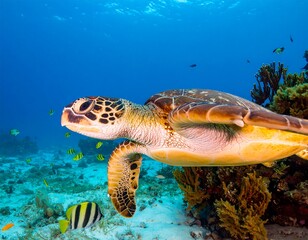 Fototapeta premium A magnificent sea turtle glides gracefully through the crystal-clear turquoise waters of the ocean, swimming above a sandy seafloor with small fish.