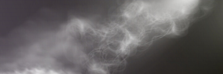 Realistic white smoke or mist effect with soft, swirling patterns on a transparent background. Perfect for overlays and atmospheric designs.